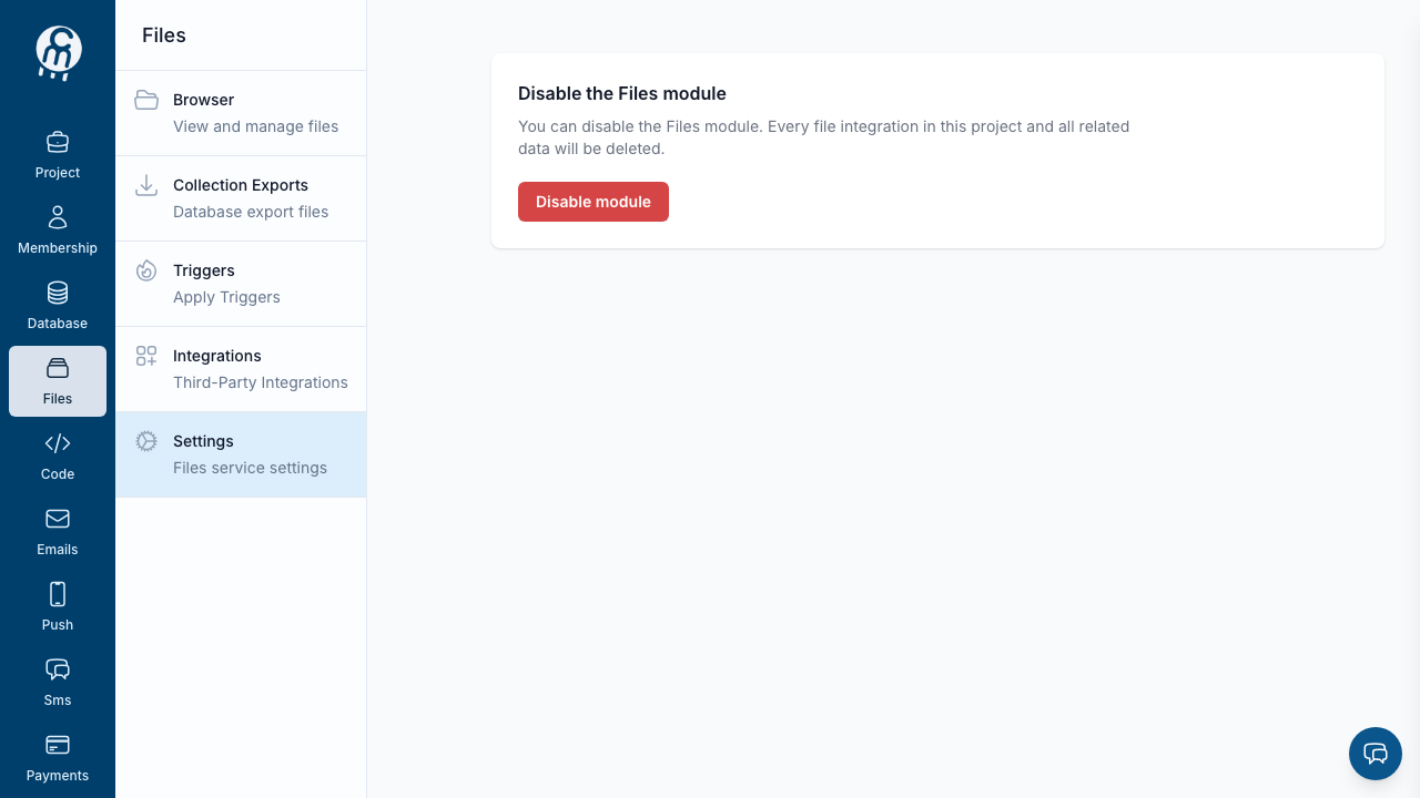 Files Settings — the Disable the Files module panel