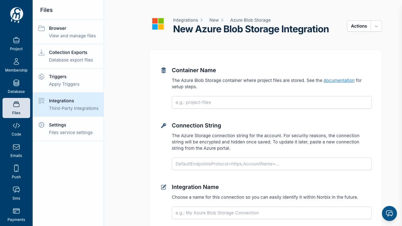 The New Azure Blob Storage Integration form