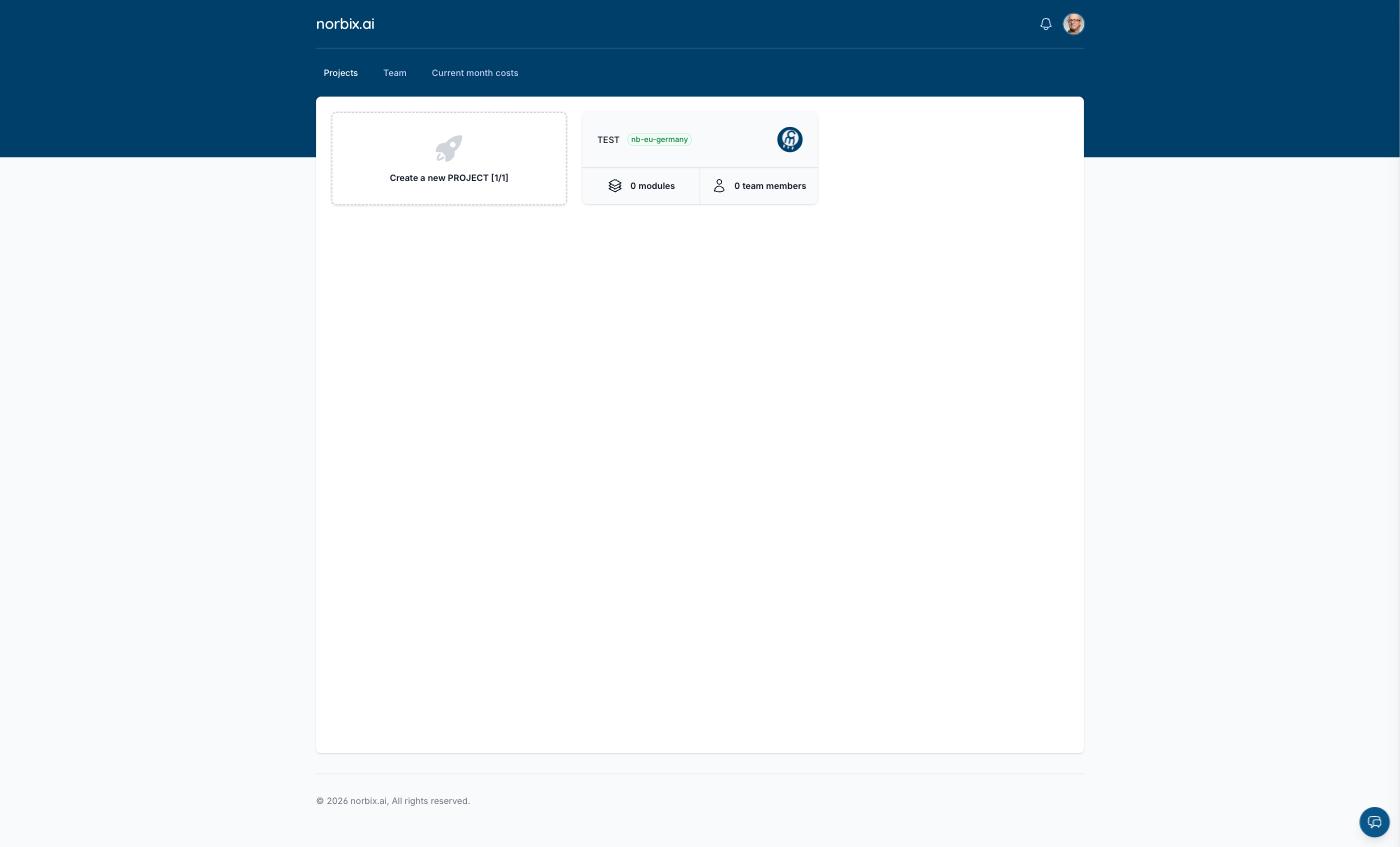 Norbix Cloud — Projects (account home)