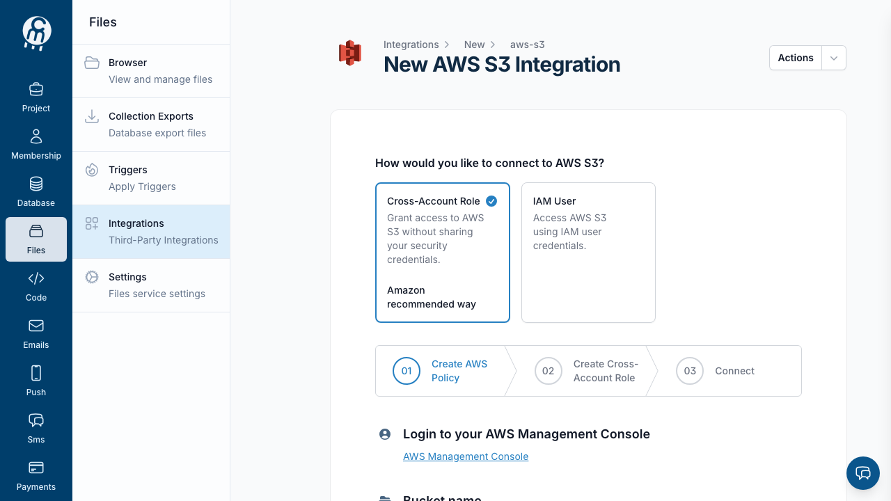 The New AWS S3 Integration form