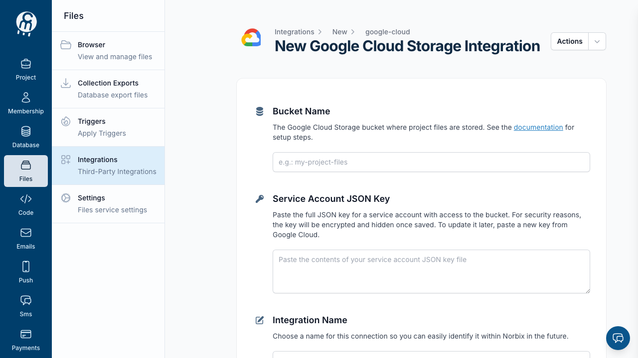 The New Google Cloud Storage Integration form